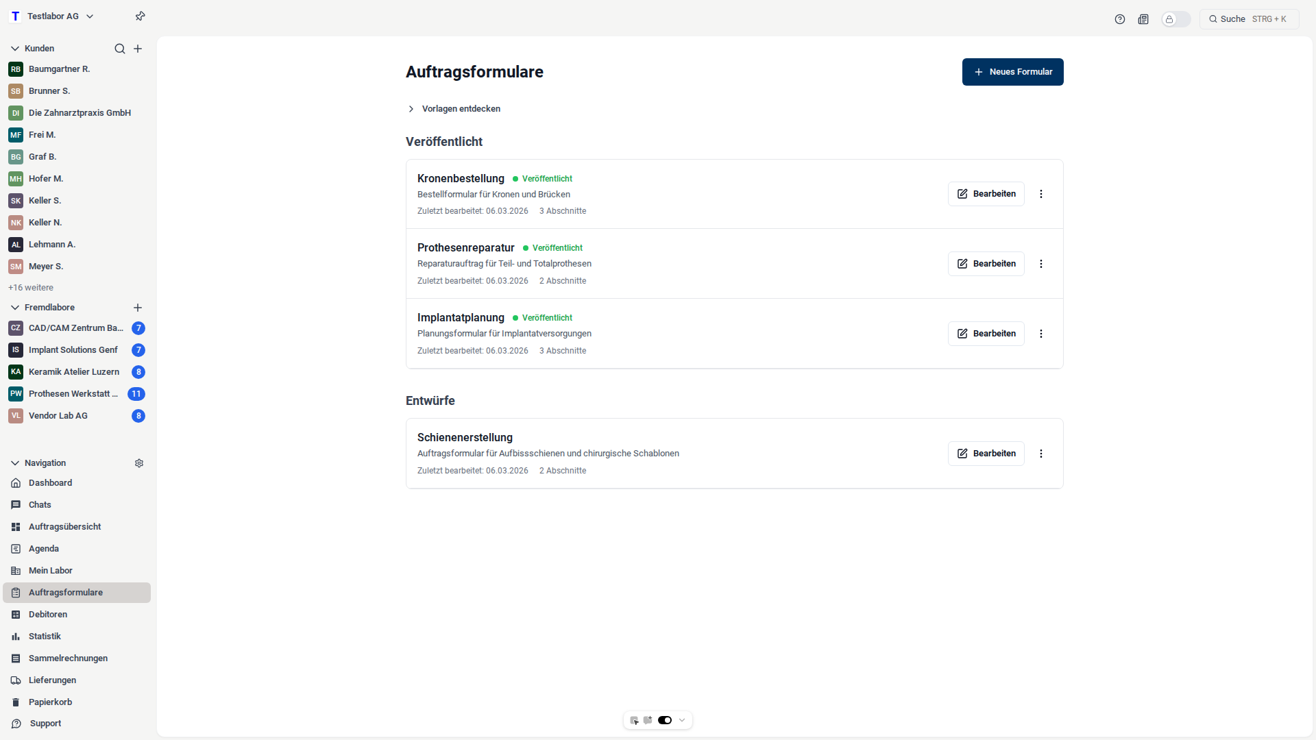 Auftragsformulare-Übersicht in dentLAB